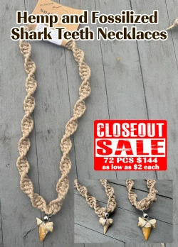 Hemp and Fossilized Shark Teeth Necklaces 72 PCs - Closeout